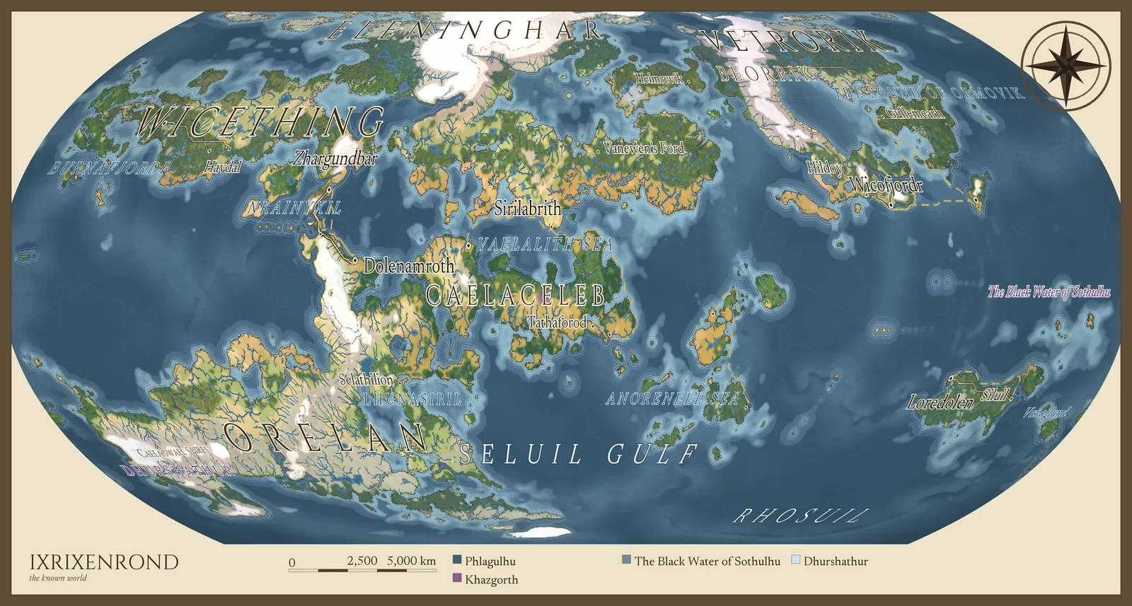 CartoVox illustrated atlas showing named continents, seas, and routes across a generated world