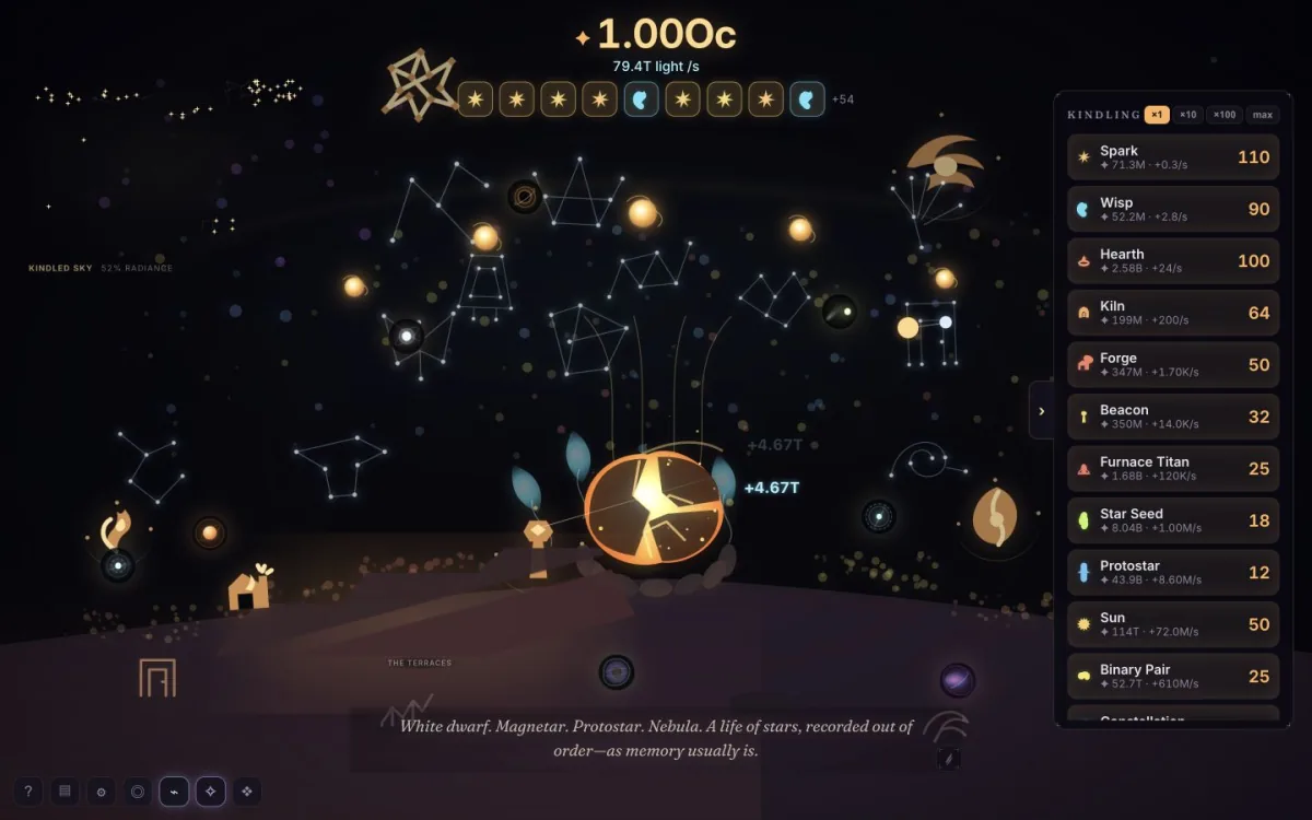 EMBER's Emberlight realm with a glowing Heart, constellations, settlements, and Kindling upgrades